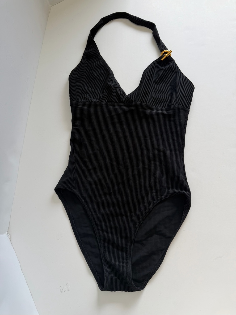 Vintage Hermès Black Ribbed Halter One Piece Swimsuit Gold Toggle Size 36